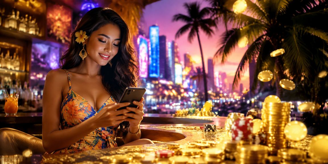 Ilustrasi permainan kasino mobile dengan tema neon yang menarik